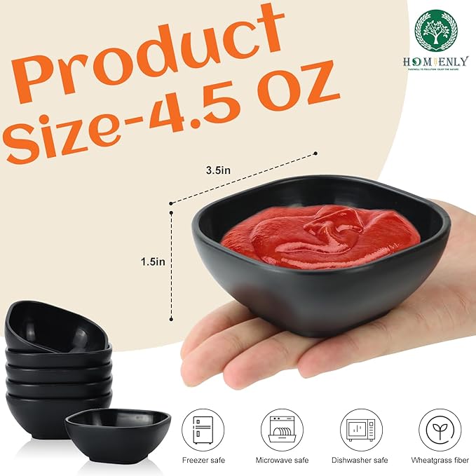 Homienly Soy Sauce Dishes,Wheat Straw Small Bowl Set of 6-4.5 OZ Small Dessert Bowls,Unbreakable Dipping Bowls,Dipping Sauce Cups,Mini Prep Bowls, Dip Bowl for Side Dish - Black