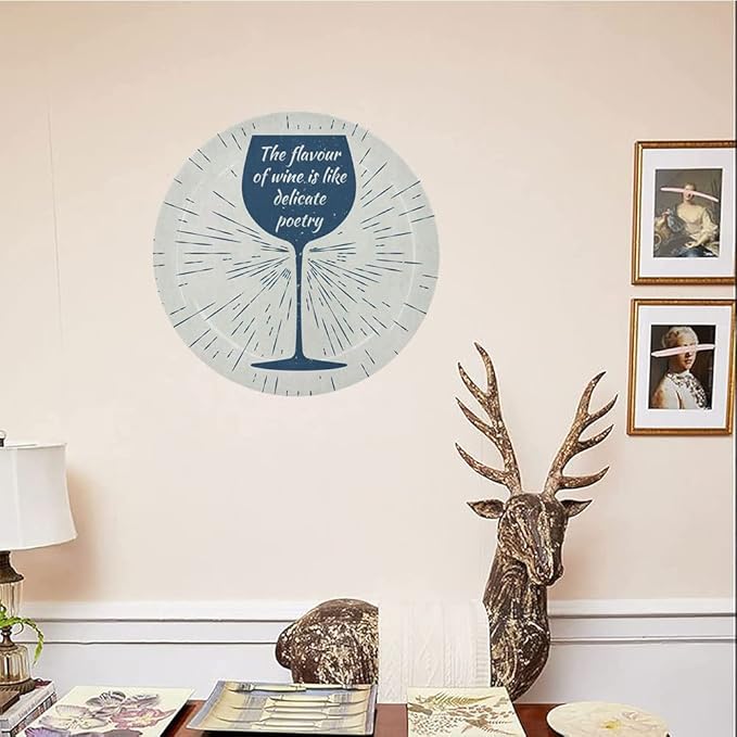 Ceramic Plates, Wine Decorative Ceramic Plates, Wine Glass and Vintage Sun Burst Frame, 8 Inch, Household Plates Decorative, Night Blue White