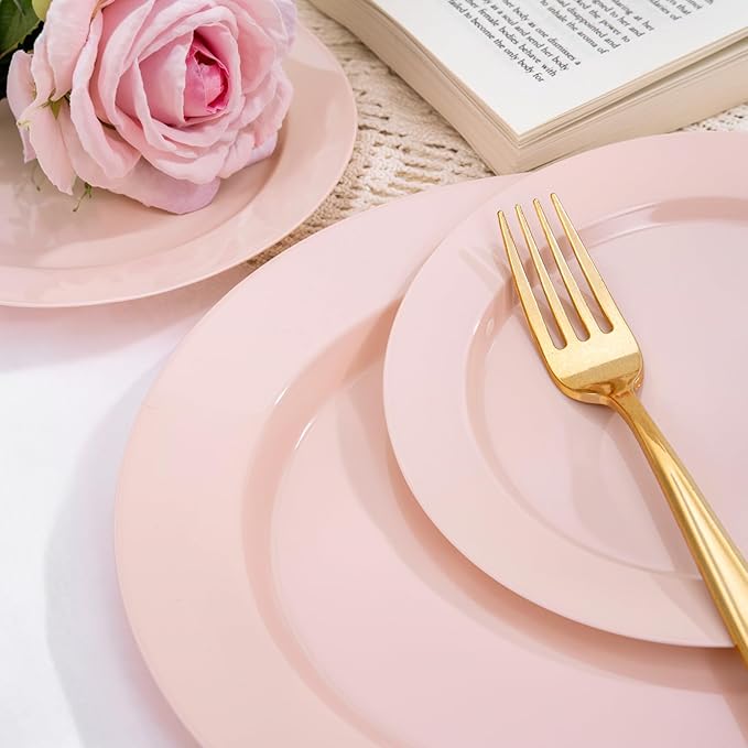 FLOWERCAT 200PCS Pink Plastic Plates Disposable Plates for Party - Heavy Duty Plastic Plates - 100 10" Pink Dinner Plates and 100 7" Pink Salad Plates for Weddings, Easter Parties,Mother's Day