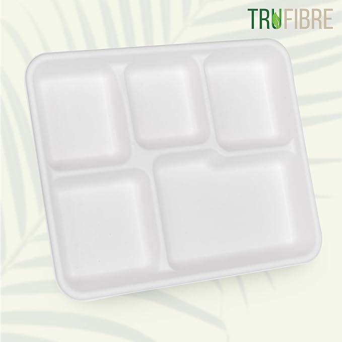 5 Compartment Plates, 100% Natural Disposable Biodegradable Plates, Lunch Trays for Cafeteria, Food, Meals, Dinner, Bulk, 10.35x8.35 Inch,125 Pack