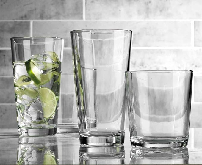 Glaver's Drinking Glasses Set of 12. Glassware set, 6 Highball Glass Cups, 6 Whiskey glasses. Classic Drinkware Set 17 oz Tall Glasses Set and 13 oz Rock Glasses.