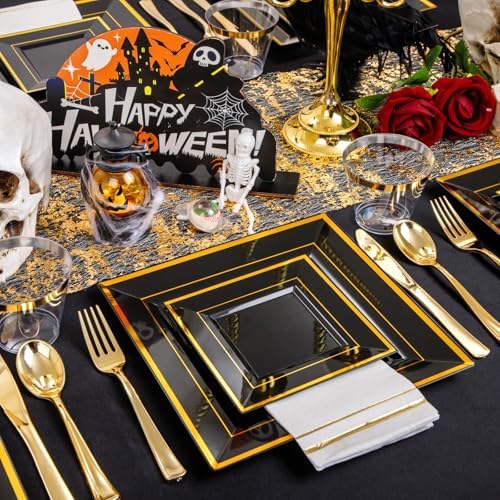 Festiva 350Pcs Black and Gold Plastic Plates-50Guests Disposable Square Black Dinnerware Set include 100 Plastic Plates,50Cups,150Plastic Cutlery,50Napkins for Halloween &Wedding - Image 5