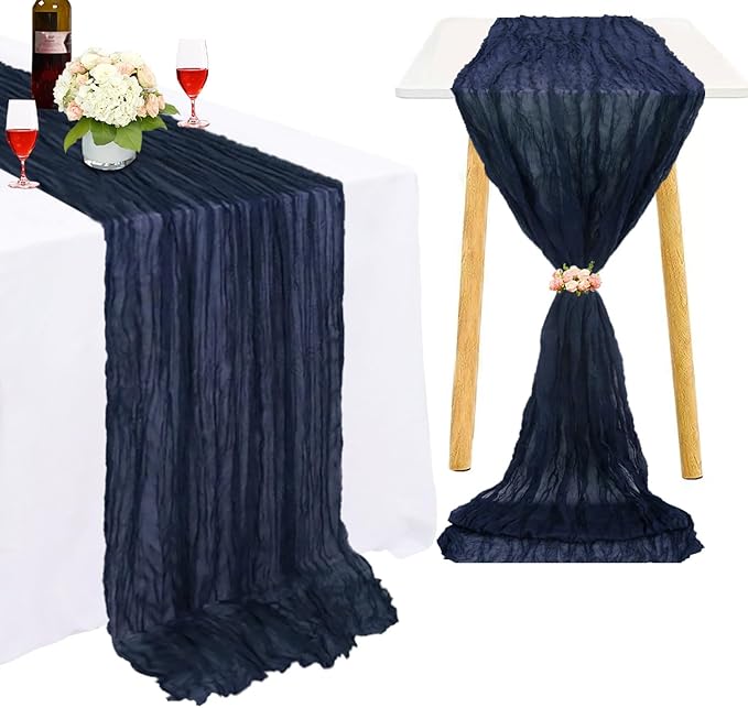 Wedding Cheesecloth Table Runner Bulk Gauze Table Runners Navy Blue 10FT Boho Cheese Cloth Fabric Romantic Wedding Centerpieces for Tables Navy Sheer Chiffon Table Runner for Bridal Party Reception