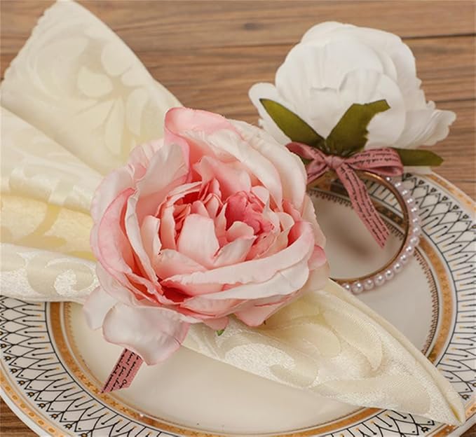 Pearl Napkin Rings Set of 6,Rustic Rose Napkin Rings Flower Dinner Napkin Holder for Table Decoration (21#Peach Pink)