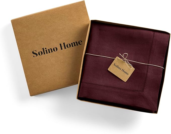 Solino Home Linen Burgundy Tablecloth 60 x 120 Inch - Classic Hemstitch, 100% Pure Linen Rectangular Tablecloth - Machine Washable Table Cloth for Winter, Valentines