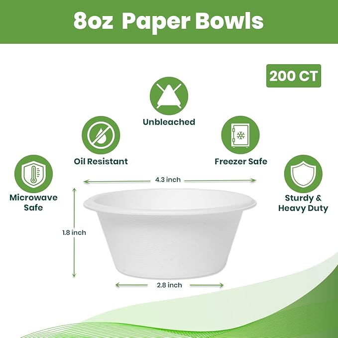 Disposable Paper Bowls, 200 Pack 8 oz, Heavy-Duty Compostable, Eco-Friendly, Bagasse Bowl for Soup, Salad, Dessert & More