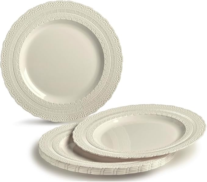 " OCCASIONS " 150pcs set (25 Guests)-Extra Heavyweight Vintage Wedding Disposable/Reusable Plastic Plates (25 x 11'' + 25 x 8.25'') + Silverware (Chateau Collection in Ivory)