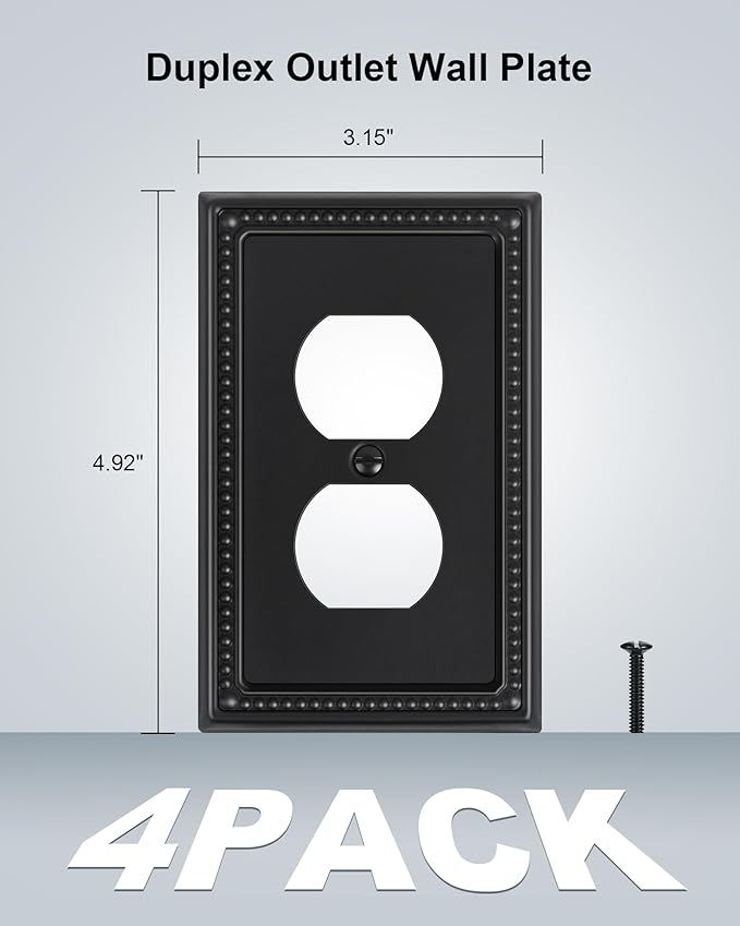 4-Pack Duplex Outlet Cover, Black Metal Wall Plates for Electrical Outlets, 1 Gang Receptacle Light Switch Cover, Pearls Beaded Decorative Switch Plates and Outlet Covers
