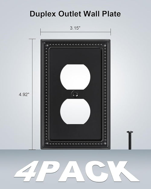 4-Pack Duplex Outlet Cover, Black Metal Wall Plates for Electrical Outlets, 1 Gang Receptacle Light Switch Cover, Pearls Beaded Decorative Switch Plates and Outlet Covers