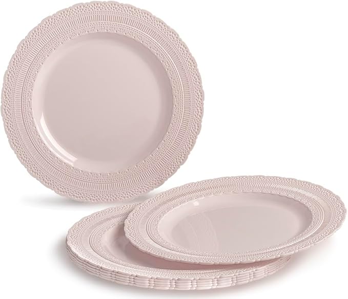 " OCCASIONS " 200pcs set (25 Guests)-Extra Heavyweight Vintage Wedding Disposable/Reusable Plastic Plates (25 x 11'' + 25 x 8.25'')+ Silverware + Cups + Napkins (Chateau in Pink Blush)