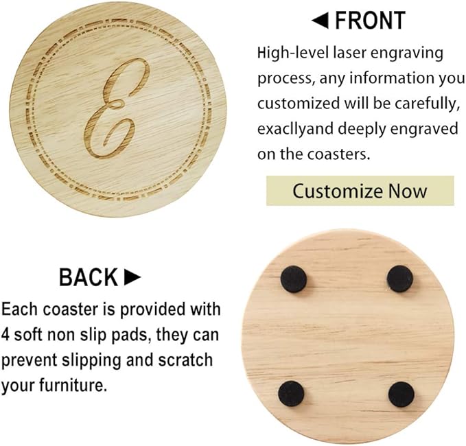 Personalized Wooden Coasters for Drinks - Custom Engraved, Monogram, Great Gifts for Relatives, Friends or Yourself (E, Set of 6)