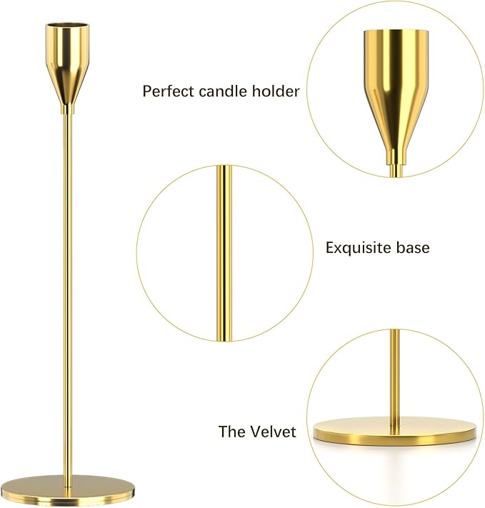 Candle Holders Set of 3 for Taper Candles, Decorative Candlestick Holder for Wedding, Dinning, Party, Fits 3/4 inch Thick Candle&Led Candles (Metal Candle Stand) (Gold)