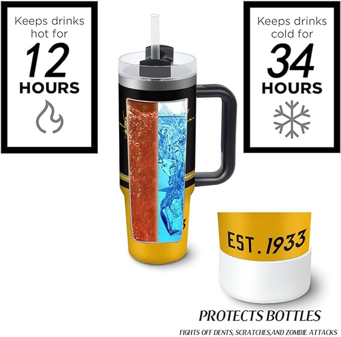 Pittsburgh 30 oz Tumbler with Handle and Straw,Car cup,Coffee Mug,100% Leakproof Insulated Tumbler with Lid and Straw,Made of Stainless Steel,Cup Holder Friendly Base,Classic Collection Gifts for Fans