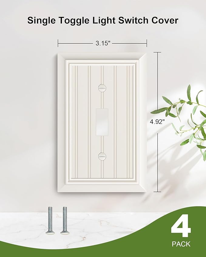 4-Pack Classic Beadboard Single Toggle Light Switch Cover Plate, Durable Natural Bamboo Fiber Decorative Switch Plate Covers, Light Almond 1 Gang Wall Plate