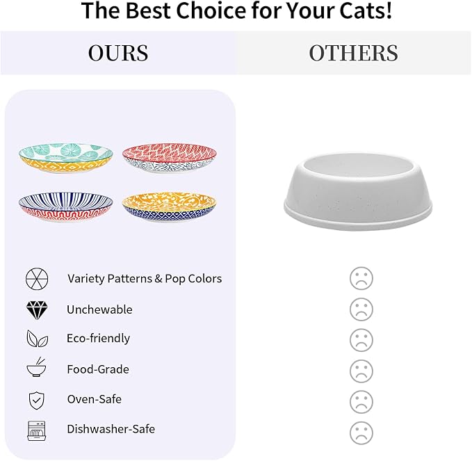 Selamica Ceramic Cat Bowls, 6 Inch Wide Shallow Cat Food Bowl for Relief Whisker Fatigue, Set of 4, Assorted Colors