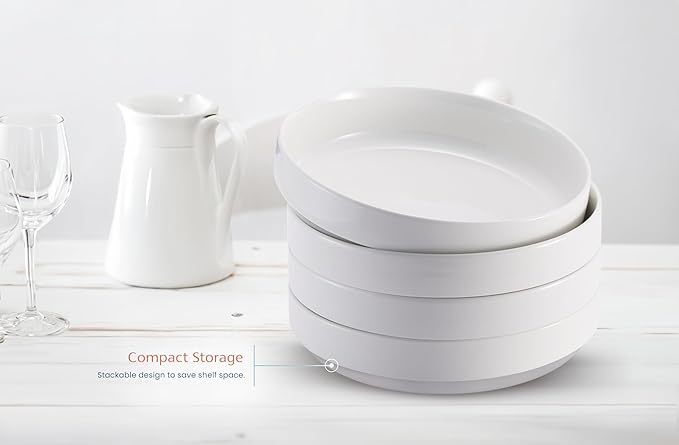 KooK Pasta Bowl, Bowl Plate, Low Bowl, Plate Bowls, Ceramic Large Shallow Bowls, Microwave and Dishwasher Safe, Great for Soups and Salads, Glossy Porcelain, 47 oz, Set of 4, White
