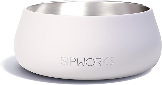 Sipworks Stainless Steel Dog Bowl – 32oz Weighted Metal Food and Water Bowls for Dogs and Cats with Non-Slip Base - Pet Bowls for All Breeds Sizes for Travel & Outdoor Play | White