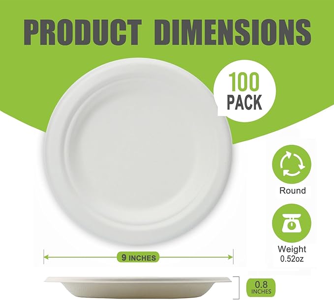 Disposable Plates 100% Compostable Heavy Duty - 9 Inch paper plates bulk for Party, Dinner, Cake, Dessert, Snacks Eco-Friendly White