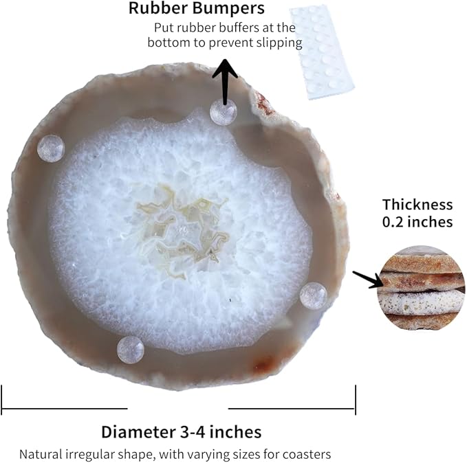 Agate Coasters Set of 4 3-4'',Crystal Geode Stone Coasters with Rubber Bumpers,Agate Slices for for Drink Home Decor, Coffee Table, Bar Accessories,Birthday Gift