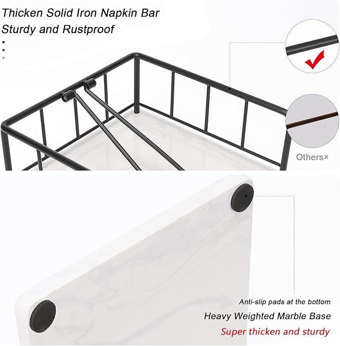 Livabber Flat Napkin Holder, Metal Kitchen Napkin Storage with Weighted Tension Arm Rustic Tissue Paper Dispenser for Countertop, Table Kitchen, Dining Room (With Marble Base, Black)