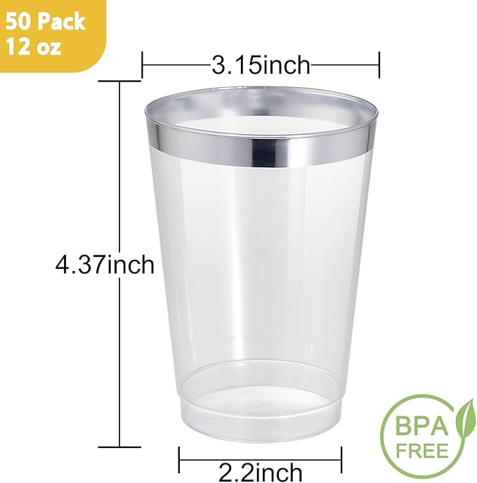 I00000 50 Pack 12 oz Silver Plastic Cups, Silver Rimmed Disposable Cups, Party Wine Glasses Disposable Cocktail Glasses Heavy Duty Cups with Silver Rim, 12 Ounce Plastic Tumblers For Party