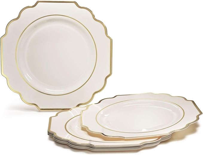 " OCCASIONS " 240 Plates Pack (120 Guests) Heavyweight Wedding Party Disposable Plastic Plates Set -120 x 10.5'' Dinner + 120 x 8'' Salad/Dessert Plate (Imperial Ivory & Gold)