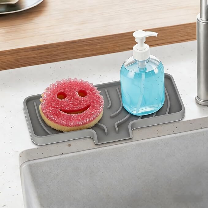 GUUKIN Sponge Holder for Kitchen Sink, 9.8"×4.9" Scrub Daddy Holder, Silicone Sponge Holder, Soap Tray with Drain, Suitable for Kitchens & Bathrooms (Grey)