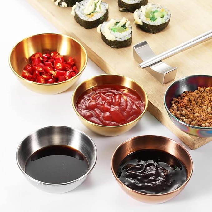 12 Pack Stainless Steel Sauce Dishes, Rainbow Mini Saucers Bowl Round Seasoning Dishes Sushi Dipping Bowl Appetizer Plates, 3.15inch
