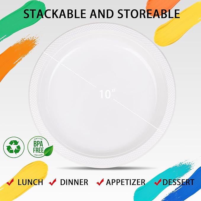 WELLIFE White Plastic Plates 10 Inch -150 Count for Party, Disposable Plastic Party Plates for New Year Wedding Dinner Birthday Engagement