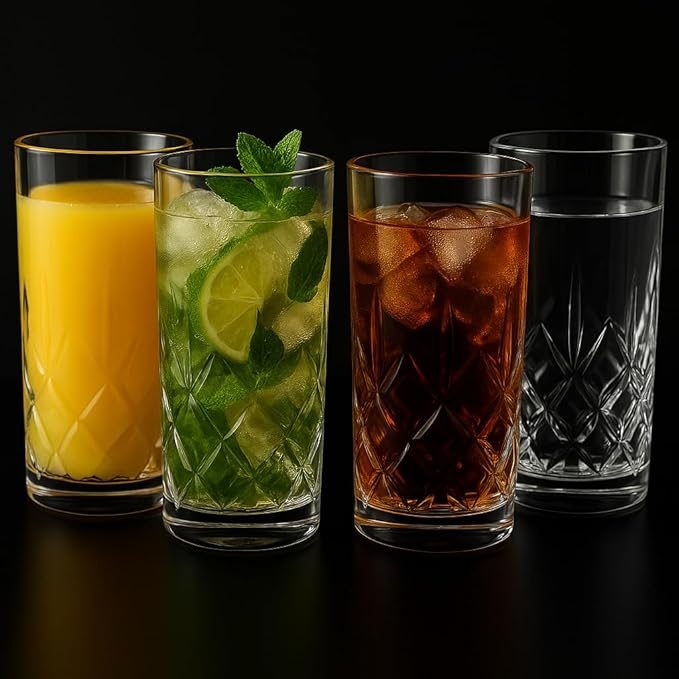Crystal-Style Highball Glasses, Clear Cut Glass, 12.3 oz Capacity, Diamond Pattern, Cocktail Drinking Tumblers, Set of 4