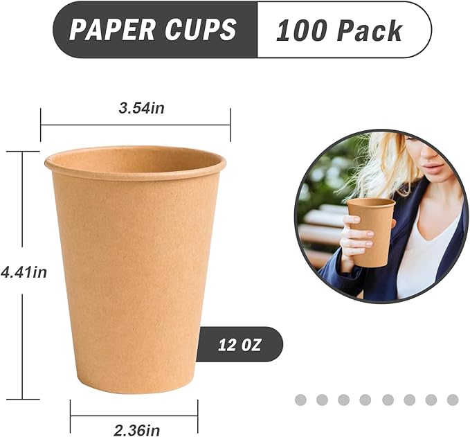 Lamosi 100 Count 12 oz Paper Cups, Disposable Kraft Paper Coffee Cups 12 Ounce for Hot/Cold Beverages, Water, Party, Picnic, Travel, Events