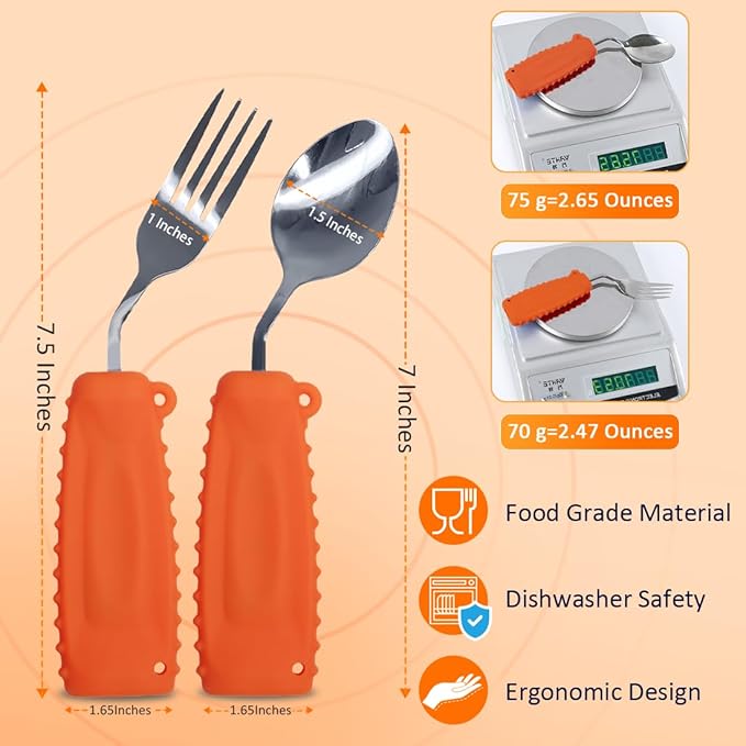 Adaptive Utensils,Curved Angled Spoon and Fork Set,for Tremors Parkinsons Limited or Elderly,Weight Cutlery with Non-Slip Easy Grip Handles