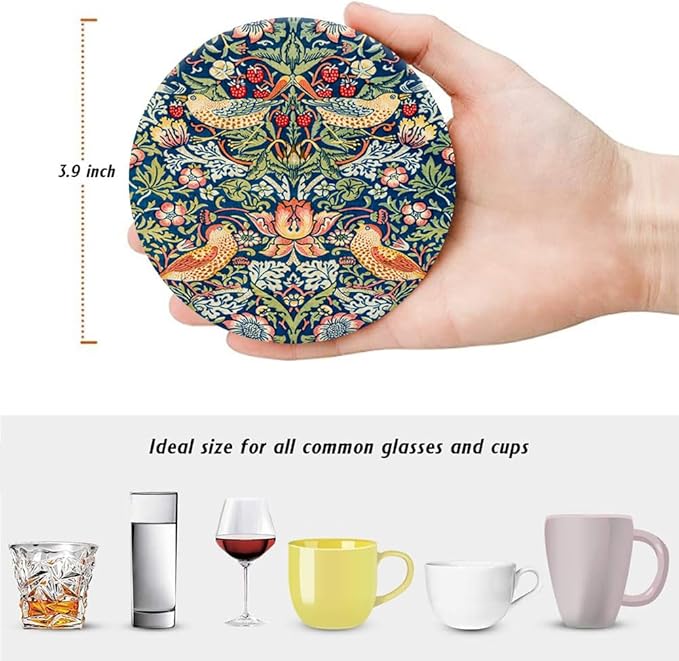 Drink Coasters for Drinks Set of 6, Vintage Art Nouveau Floral Pattern Absorbent Round Ceramic Stone Mat Coaster, with Cork Base and Metal Holder, Home Bar Decor House Warming Gift