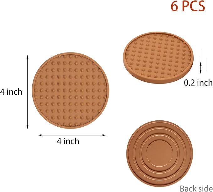 Set of 6 Silicone Coasters, 4'' Drink Coaster with Holder, Round Coasters for Drinks Beer Coffee Home Office Bar Desk Tabletop Protection, Non-Slip Rubber Coaster (Tawny, 6 Pcs-Plastic Holder)
