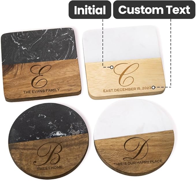 Personalized Glass Coaster Wood Marble Cup Coaster Custom Name and Text 4 Design Optional Gifts for Family