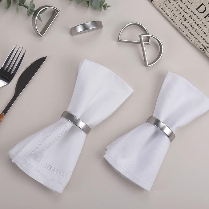 Cuff Brushed Silver Napkin Rings Set of 4, Modernist Napkin Ring Holder for Wedding, Banquet, Metallic Adornment for Table Settings, Glossy Serviette Buckles Decor (Semicircle - Silver)