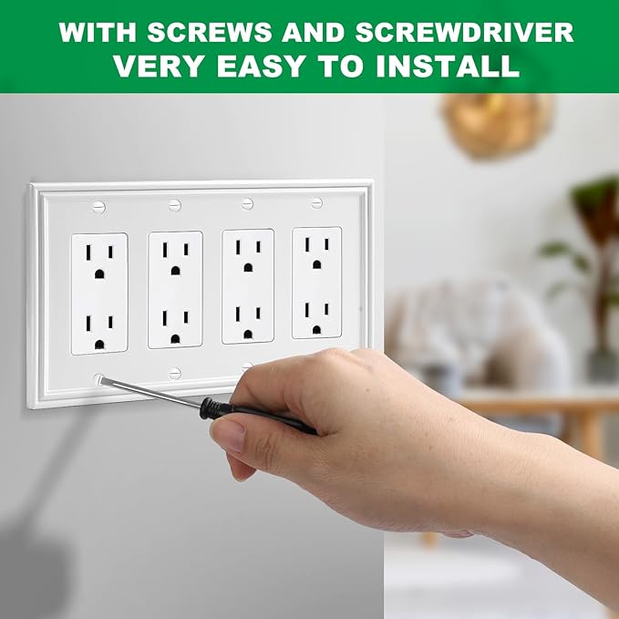 White Modern Decorative Wall Plate Light Switch Cover Decorator Outlet Covers Rocker Switch Plates Bamboo Fiber Material Wall Plates for Kitchen Bathroom (4 Gang Quad Decorator-1 Pack)