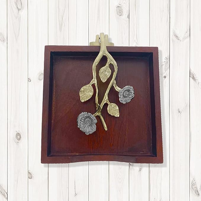 Napkin Holder - Solid Wood Brown Finish Home Decor & Kitchen Decor Table Countertop Serviette & Tissue Holder with Metal Ornament Arm in Silver Gold Finish - Indoor and Outdoor Use - Floral Design