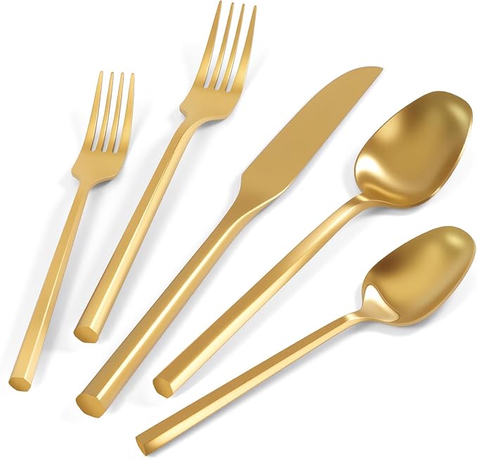 Silverware Set 60-Piece Stainless Steel Matte Gold Cutlery, Hand Forged Thick Hexagon Handle Flatware Sets, Service for 12