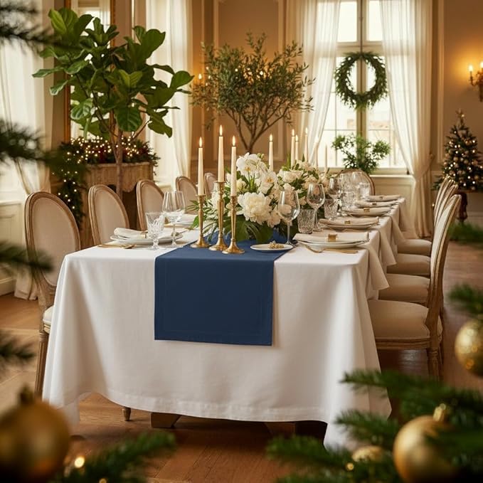 D'Moksha Homes Linen Table Runner 60 Inches - 100% Pure Linen Navy Blue Table Runner 14 x 60 Inch for Coffee Tables, Dresser, Easter - Machine Washable