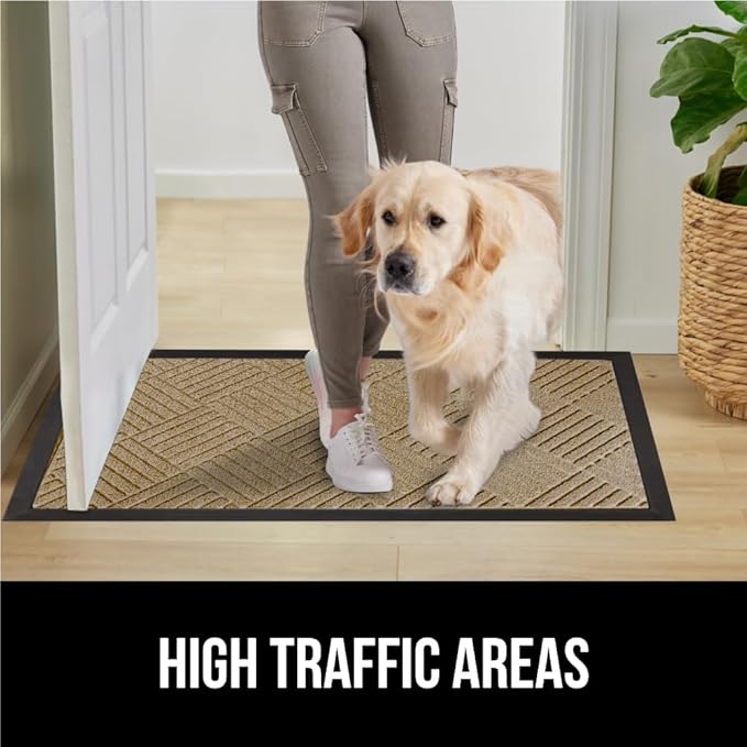 GORILLA GRIP 100% Waterproof All-Season WeatherMax Doormat US Designed Natural Rubber, Stain and Fade Resistant, Low Profile Indoor Outdoor Door Mats, Easy Clean Patio Mat, 17x29, Beige Diamond