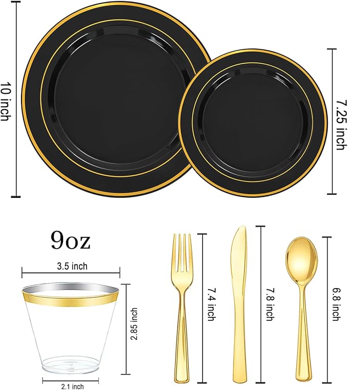 bUCLA 150 Pieces Black and Gold Disposable Dinnerware Set - 25 Guests Black Gold Plastic Plates Include 25 Dinner & 25 Dessert Plates, 25 Spoons, 25 Forks, 25 Knives, 25 Cups for Party & New Year