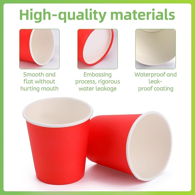 Wuadua 100 Pack 3 oz Red Disposable Paper Cups - Sturdy and Leak-Proof for Parties, Events, Office, Home Use Disposable Mouthwash Cups - Ideal for Hot/Cold Drinks, Smooth Rim Design, Eco-Friendly