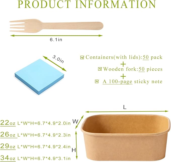 50-Pack 29oz Kraft Paper Bowls Disposable with Lids and Wooden Forks, Disposable Meal Prep Containers Paper Food Prep Containers with Lids, To Go Container for Hot Soup/Salad, Freezer & Microwave Safe