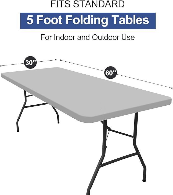 homing 2 Pack Rectangle Table Cloth, Elastic Fitted Fabric Tablecloth Fits for 5 Foot Folding Tables, Washable Table Cover for Picnic, Camping, Indoor & Outdoor (Light Grey, 30" x 60")