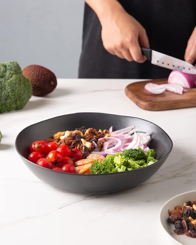 AmorArc 9.75'' Ceramic Large Pasta Bowls, 38oz Stoneware Flat Serving Bowls Set of 4, Oven,Microwave&Dishwasher Safe Bowls with Wavy Rim for Fruit Pasta Salad Meal, Matte Black
