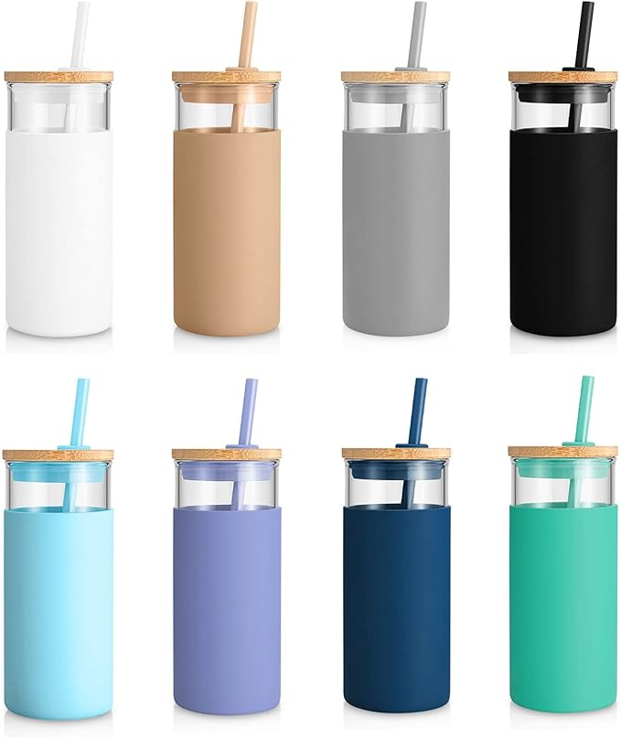 Tronco 20 oz Glass Tumbler with Lid and Straw, Iced Coffee Cup and Smoothie Cup with Bamboo Lids & Protective Silicone Sleeve, Dishwasher Safe, BPA-Free, Glass Cup 8 Pack