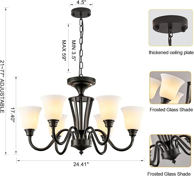 6-Light Dining Room Light Fixture Black，Industrial Farmhouse Pendant Light with White Frosted Glass Shades, Rustic Vintage Hanging Chandelier for Kitchen Island，Living Room&Home Decor
