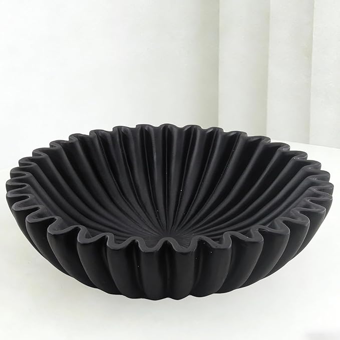 Large Modern Decorative Bowl, Fruit Bowl for counter, Modern Home Decor, Ruffle Bowl for Kitchen Counter Coffee Table, Key Bowl for Entryway Table, 10", Black
