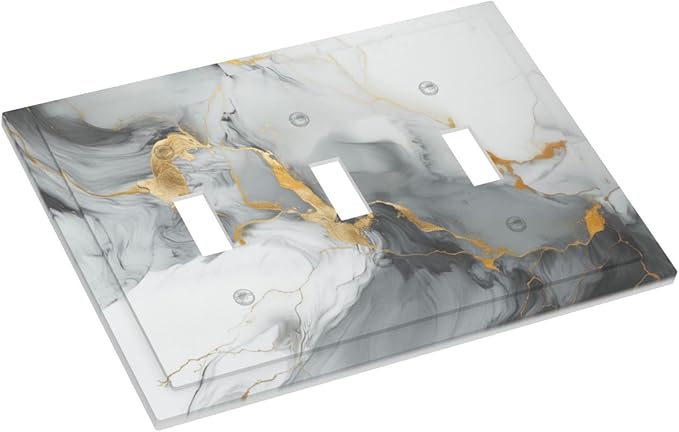 Light Switch Cover Gray/Gold Marble Abstract Modern Luxury 3 Gang Wall Plate Triple Light Switch Plate Toggle Decorative Outlet Covers Electrical Switchplate for Bathroom Bedroom Decor